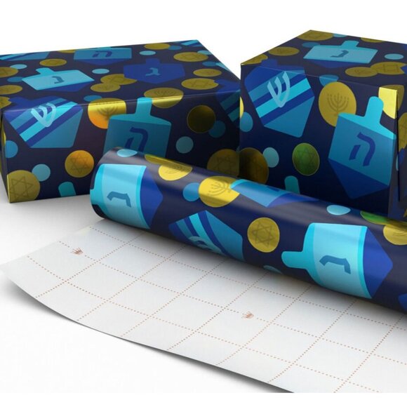 Hallmark Wrapping Paper Hanukkah Dreidels and Gelt Metallic Navy Blue 22.5 sq ft - Picture 3 of 6